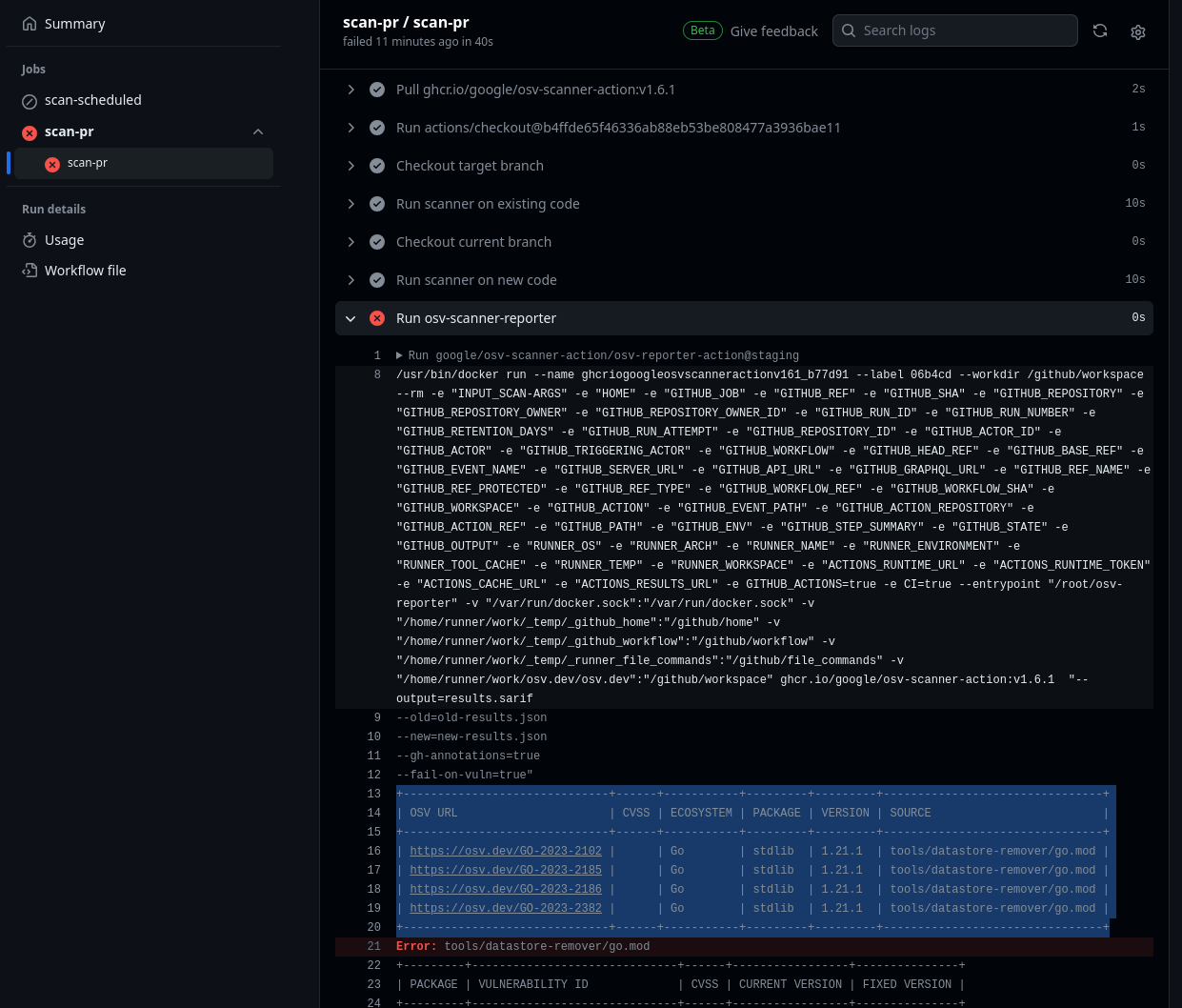 Screenshot of osv-scanner output