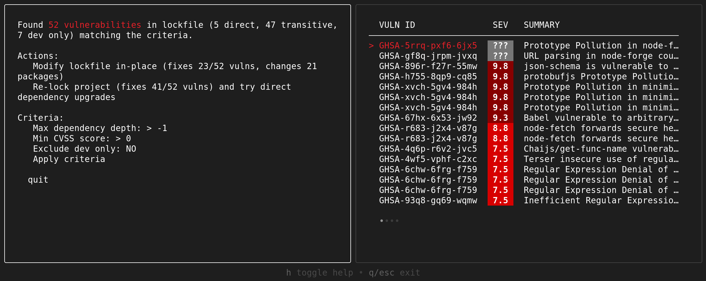 Screenshot of the initial interactive results screen, showing found vulnerabilities and the potential remediation approaches