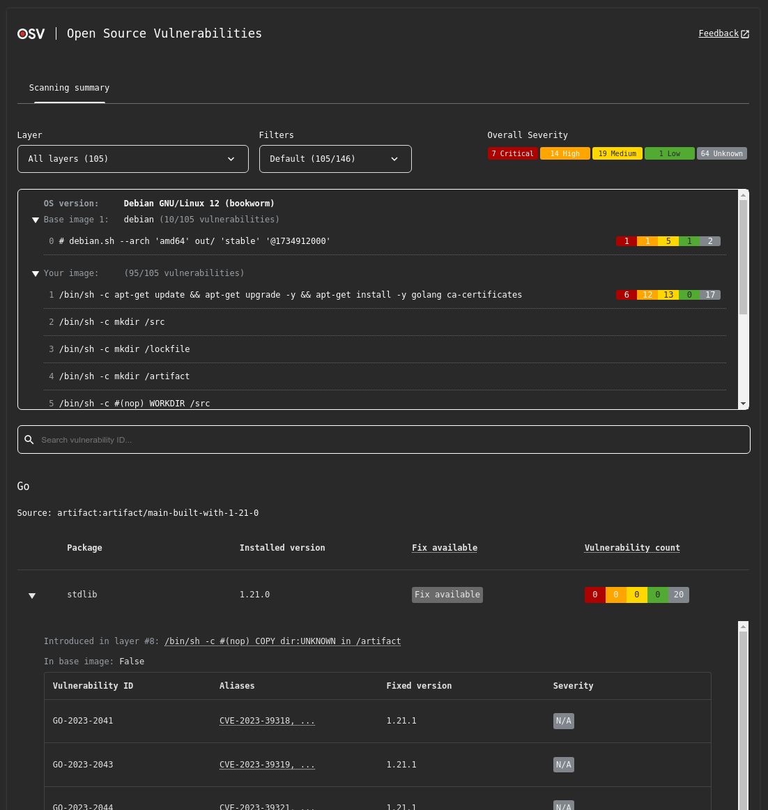 Screenshot of HTML output for container image scanning